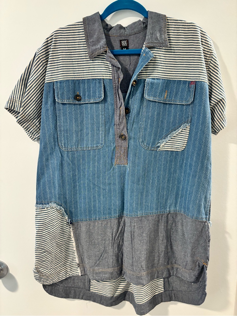 BDG Patchwork Blue & White Short-Sleeve Shirt dress